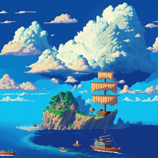 pixelart van een boot die een eiland in de wolken bereikt