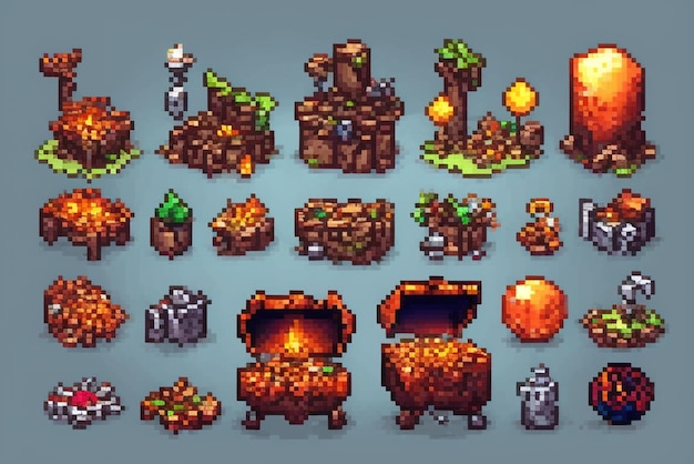 Photo pixelart videogame treasure scene icons