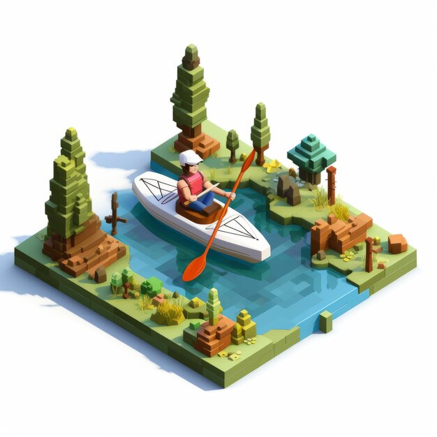 Pixelated 3d Cartoon Model Kayaking In A Canoe