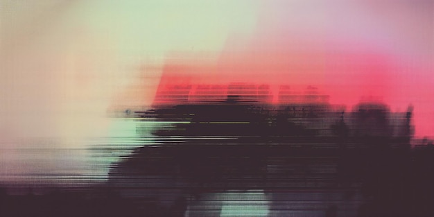 A pixelated and blurred abstract with streaks of pink and black suggesting a digital error or a