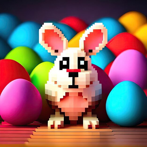 A pixelated bunny is standing in front of a bunch of eggs.