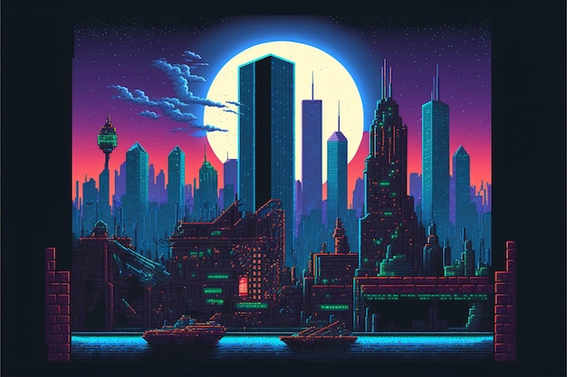 写真 ピクセル化された街並みの月の出の夜の詳細なデザイン