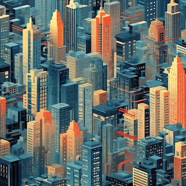 Pixelated cityscape urban techno inspired seamless pattern