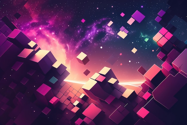Pixelated galaxy with blocky shapes and gradients in a purplepink color scheme