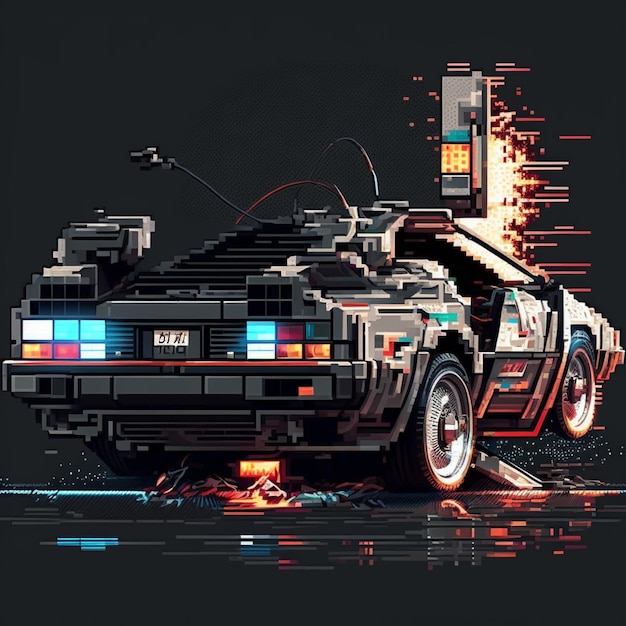 A pixelated image of a delorean car with the back to the future logo on it.