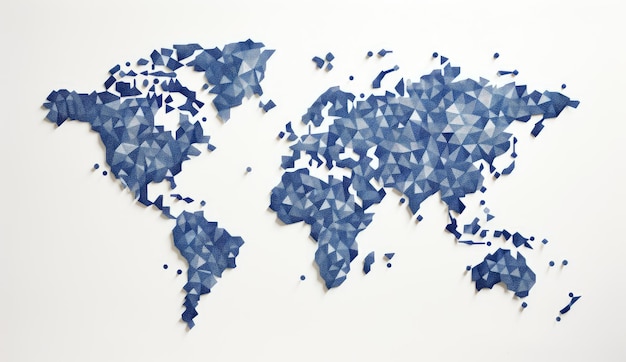 A pixelated map of the world with blue dots