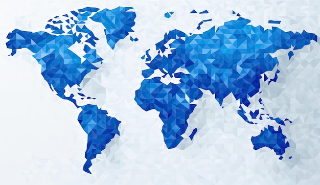 A pixelated map of the world with blue dots