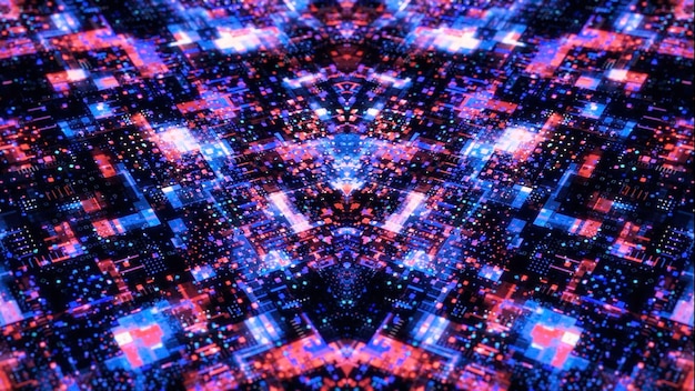 Pixelated pattern with blue and pink shimmering squares slowly moving and creating digital field