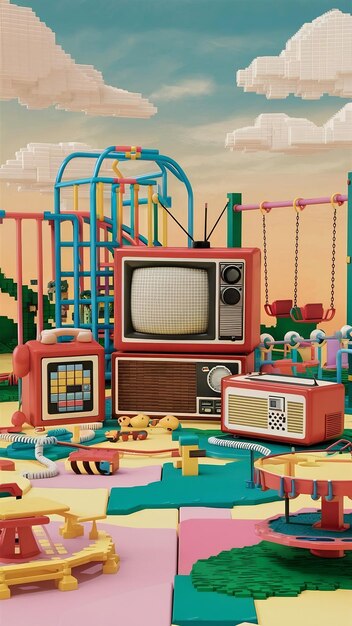 pixelated retro electronics display in a colorful abstract playground