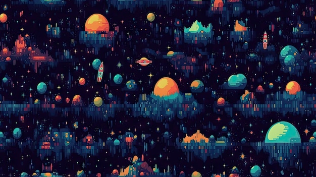 Фото Пикселизированная космическая сцена с планетами и звездами