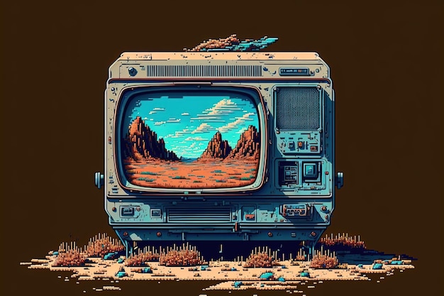 Pixelkunst Oud televisie-tv-object in retrostijl voor 8 bit game AI