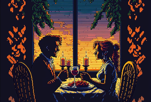 Pixelkunst van een liefdevol stel met een romantisch diner Valentijnsdag achtergrond voor 8 bit game AI