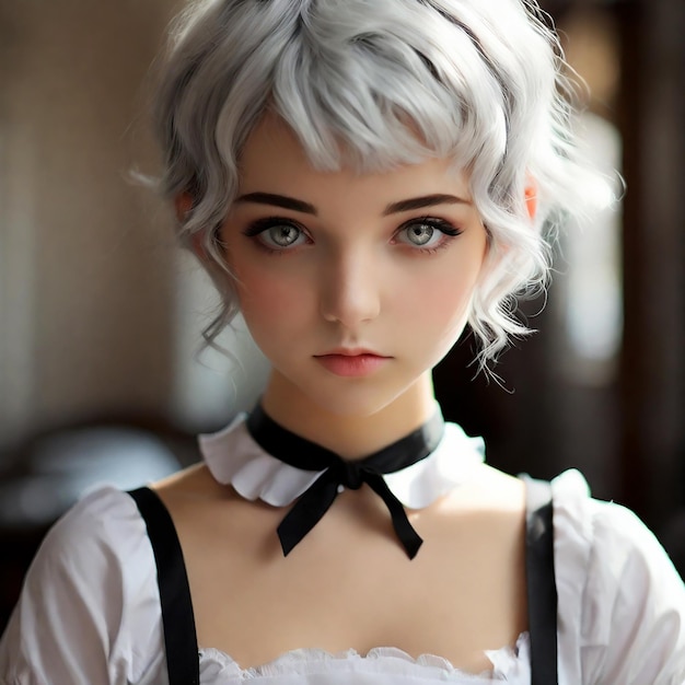 Pixie cute maid outfit heterochromia two tone hair colour lewd perfect eyes Generative by Ai