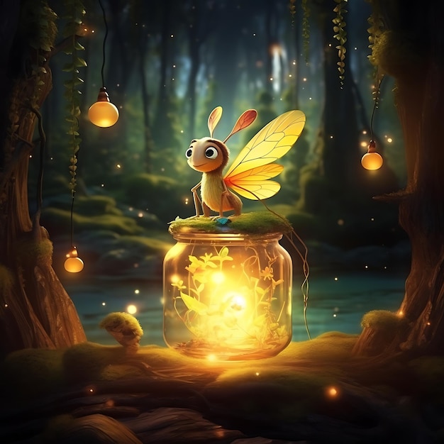 Pixie Fairy met Glow Wings zittend op de bosgrond met lichte kalme scène