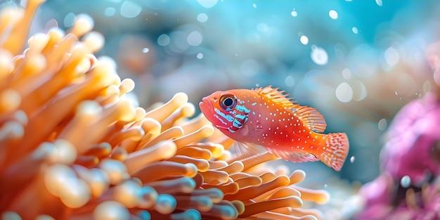 Pixie hawkfish in their natural habitat near an anemone in a coral reef ecosystem Concept Underwater photography Marine life Coral reef conservation Fish behavior Ecosystem biodiversity