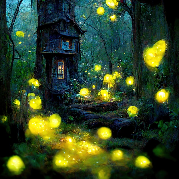 Pixie\'s house in an enchanted forest fantasy magic\
fireflies