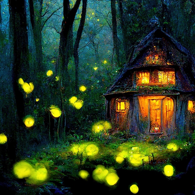 Pixie\'s house in an enchanted forest fantasy magic\
fireflies