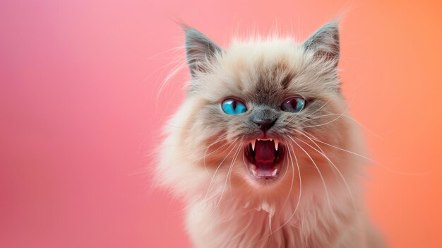 Photo pixiebob angry cat baring its teeth studio lighting pastel background