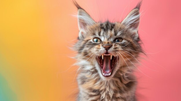 Pixiebob angry cat baring its teeth studio lighting pastel background