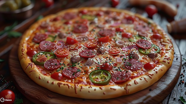 Photo pizza adorned with salami bell peppers tomatoes cheese pickles bacon and sausages