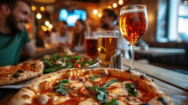 Pizza Aficionados Snacking while Watching Soccer on TV in a Restaurant Generative Ai