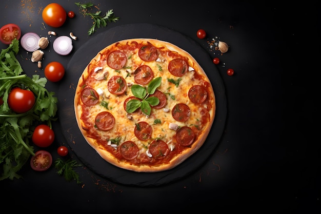 Pizza around the black board top view copy space background Banner design