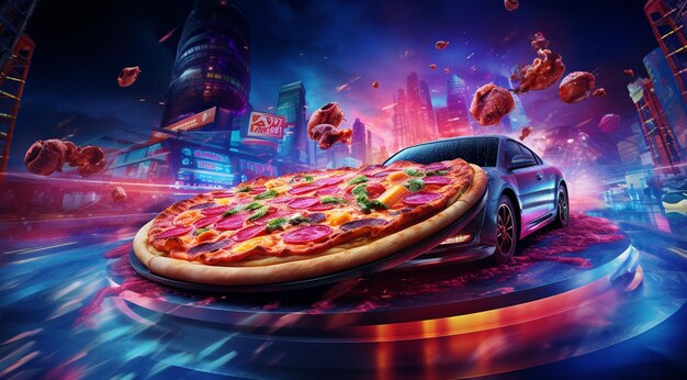 Pizza on the background of the night city 3d rendering