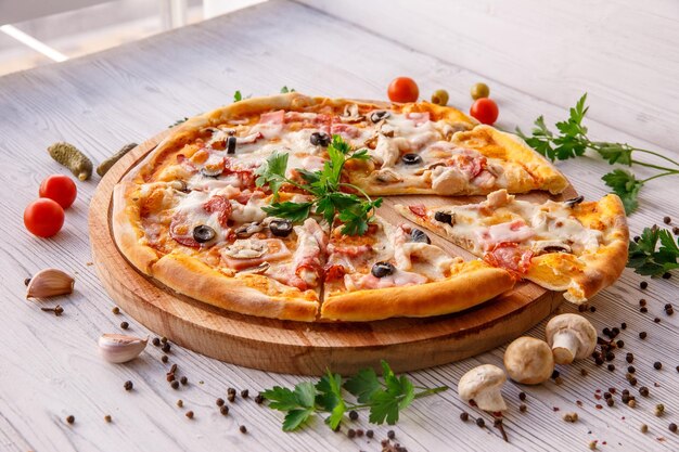 Pizza banner on a light wooden background