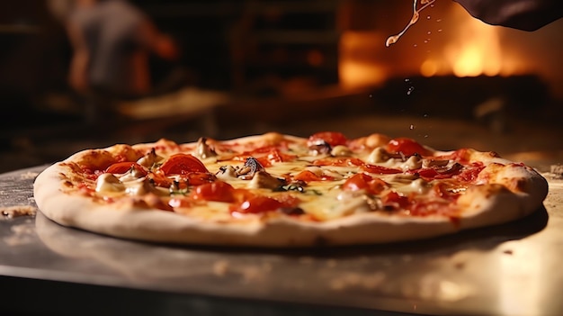 Foto una pizza che viene cotta in forno