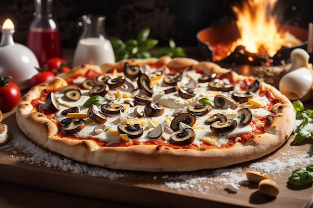 A pizza being served with mushrooms and cheese on wooden table at kitchen