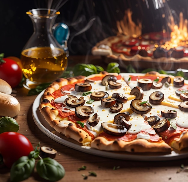 A pizza being served with mushrooms and cheese on wooden table at kitchen