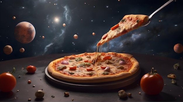 Foto una pizza che viene tagliata in pezzi con uno sfondo spaziale