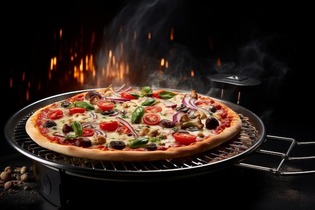 A pizza being sliced with a pizza wheel inside the oven