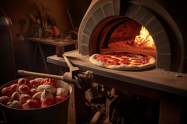 Foto una pizza che viene tagliata con un tradizionale tagliatore mezzaluna all'interno del forno