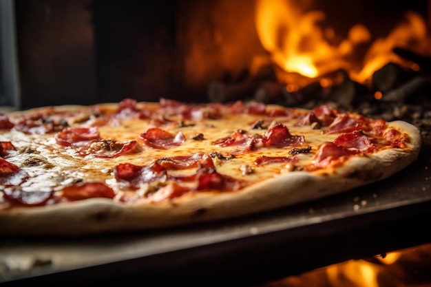 A pizza being turned in the oven for even cooking