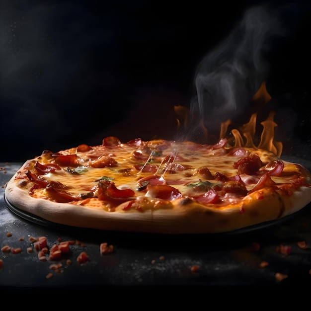 Pizza on a black background with fire and smoke Closeup
