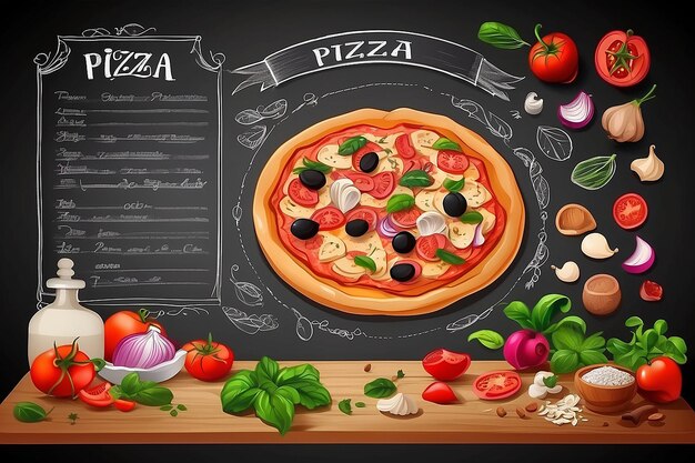 Foto pizza sulla lavagna e gli ingredienti per la pizza sulla lavagna uso per cartelloni banner web design