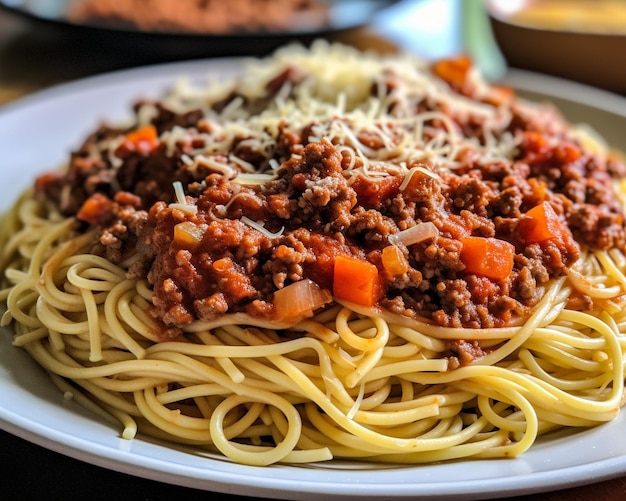 The pizza Bolognese is made with excellent chunky pasta sauce with beef pork lots of Generative AI