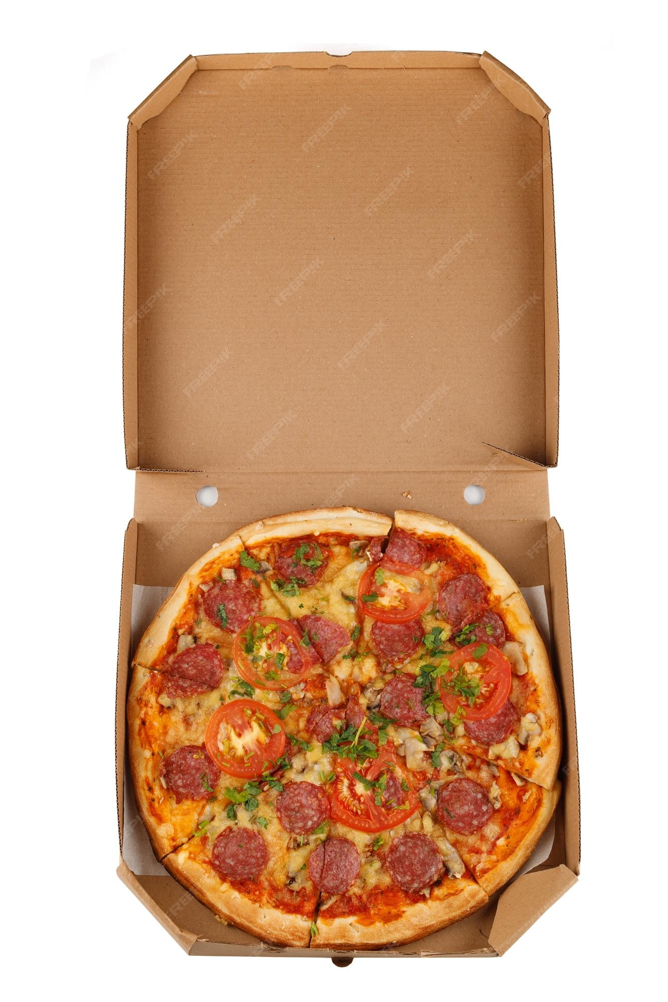 Premium Photo Pizza in box open pizza in the in delivery box