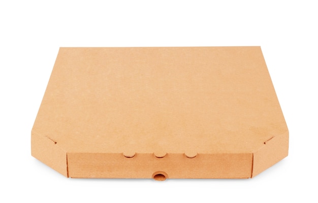 사진 피자 상자, 상위 뷰, 갈색, 흰색 절연
