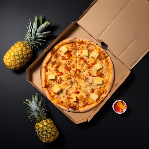 Photo a pizza in a box with pineapples