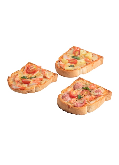 Pizza bread topped with shrimp crab sticks tomatoes cheese in a wooden tray