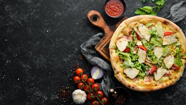 Pizza Caesar Pizza with chicken cheese and lettuce Top view Free space for your text