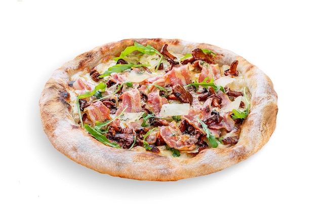 Pizza Carbonara with bacon chanterelles arugula mozzarella parmesan pesto Neapolitan round pizza on white background