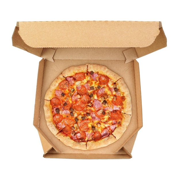 Pizza in cardboard box isolated on white background