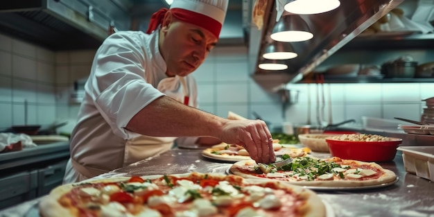 Pizza chef die pizza bereidt close-up Generatieve AI