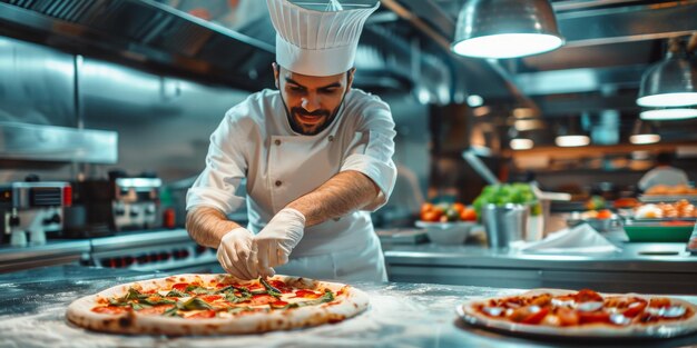 Pizza chef die pizza bereidt close-up Generatieve AI