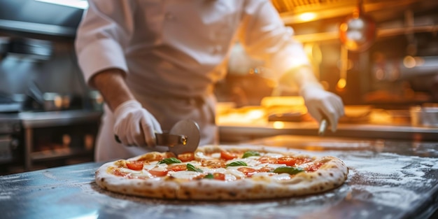 Pizza chef die pizza bereidt close-up Generatieve AI