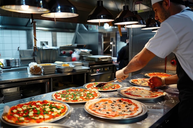 Pizza chef finishing the preparation of a tasty pizza in professional pizzeria restaurant kitchen