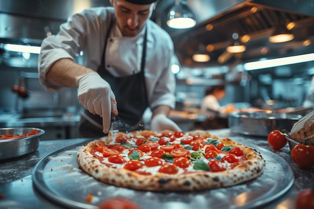 Фото Шеф-повар пиццы заканчивает приготовление пиццы в профессиональной кухне ресторана пиццерии